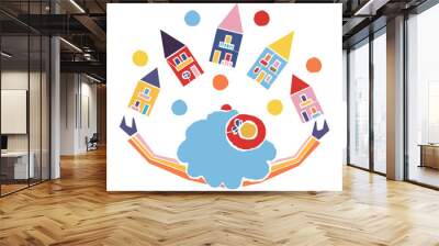 Circus artist illustration | Clown playing with houses | Playful Illustration | Naive art vector | Juggler clown Wall mural