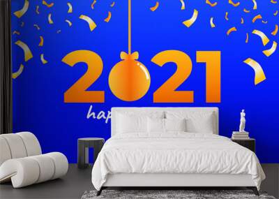 Happy new year 2021. Shiny golden confetti and gold 2021 text with blue background Wall mural