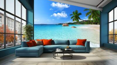 Paradise beach of Seychhelles, turquoise water blue sky Wall mural