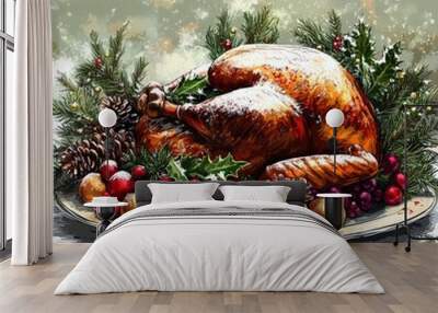 Vector drawing of a Christmas dinner with a turkey centerpiece. Wall mural