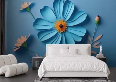 3d blue colored cosmos flower, cosmos flower with blue background wallpaper  Wall mural