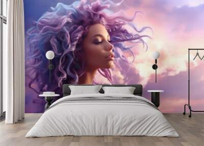 beautiful woman portrait with pink liquid paint flowing. Artistic abstract background, Fashion Portrait with Purple Smoke, African woman model with colorful curly hair Wall mural