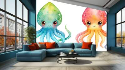 set of Cute sea octopus watercolor picture of marine life, ocean wildlife, on transparent background Wall mural