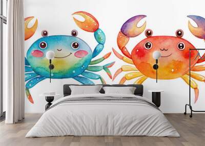 Two Watercolor cute sea crab underwater animal cartoon character isolated on transparent background Wall mural