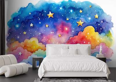 Watercolor night space with stars border, illustration, transparent background Wall mural