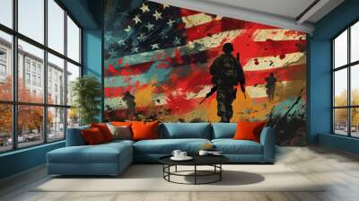 American Soldiers with American Flag in Background, Illustration of Freedom and War, Generative AI Wall mural