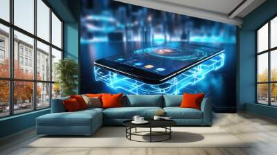 Futuristic Cellphone Mobile Smartphone With High Tech App to Control AI Space Travel Programming Software on Table Generative AI  Wall mural