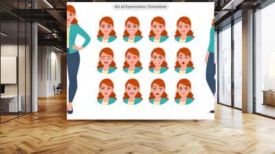 Collection of young woman facial expressions. Set of girl emotions collage. Group of female character emotional portraits. Positive and negative feelings. Lifestyle illustration in vector cartoon. Wall mural