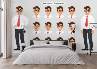 Set of male different facial expressions. Man emoji character with various face reaction/emotion, wearing formal dress, tie and eyeglasses. Human emotion concept illustration in gray/grey background. Wall mural