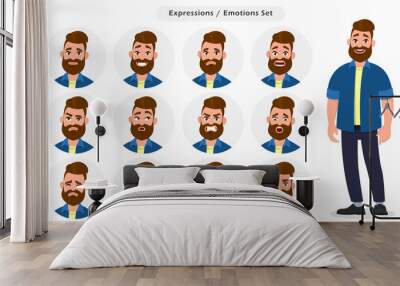 Set of male facial different expressions. Man emoji character with different emotions. Emotions and body language concept illustration in vector cartoon style. Wall mural