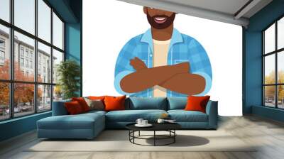 Trendy young African American man standing with crossed arms. Stylish person looking and posing folded hands. Male character design illustration. Modern lifestyle concept in vector cartoon style. Wall mural