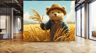 A Cheerful Bear in Overalls Harvests Wheat Under a Sunny Sky in the Countryside Wall mural