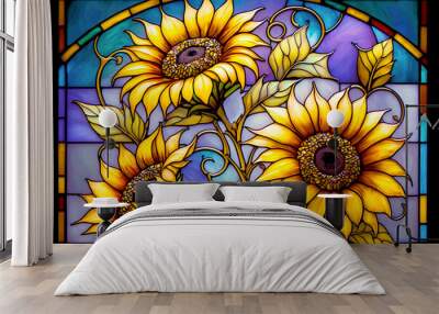 Stained glass sunflowers design - generative ai Wall mural