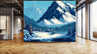 winter landscape in the mountains pixel art, ai generated, snow, sunny Wall mural