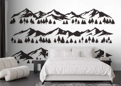 Mountains silhouettes on isolated background. set of hand drawn landscape mountain with silhouette pine trees. - Vector Wall mural