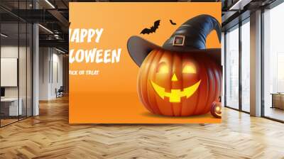 Happy Halloween festive banner. Orange festive banner with 3d spooky glowing pumpkins with Witch Hat . Vector illustration. Wall mural