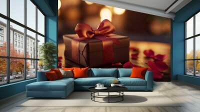 Gift box with red ribbon and rose petals on a wooden table with bokeh lights Wall mural