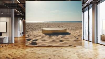 Beach podium summer background sand product 3D sea display platform. Beach podium summer banner stand scene sale sky holiday vacation stage water island sun travel pedestal promotion presentation ad. Wall mural