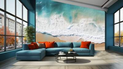 Sandy beach and soft blue ocean waves, top view Wall mural