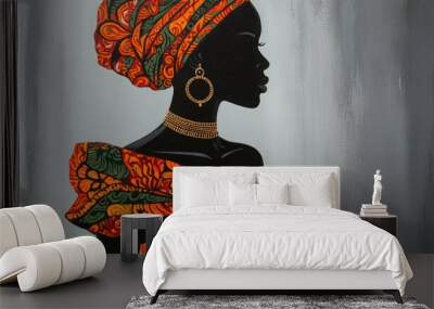 Painting of a silhouette of an African woman with floral patterned dress showcasing rich culture and tradition. Wall mural