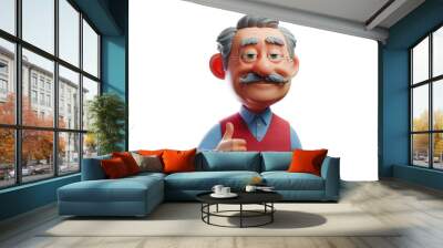 Smiling cartoon character old senior man grandfather person showing thumb up gesture in 3d style design on white background.	 Wall mural