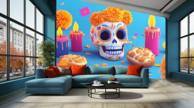 3D sugar skull decorated with marigold flowers, Pan de Muerto, and candles, on a sunny day, flat design illustration Wall mural