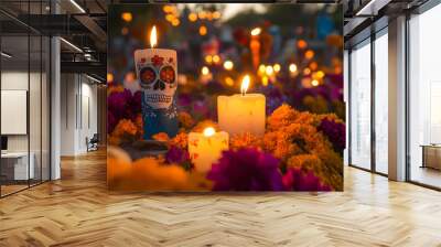 Candles and marigolds illuminating a Day of the Dead altar, with food offerings and gifts for the departed Wall mural