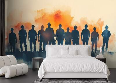 Group of workers painted in watercolor with copy space for text, labor day banner back view, Ai generated image  Wall mural