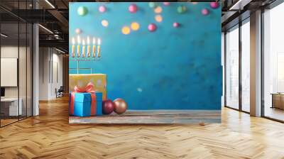 Jewish holiday Hanukkah banner design with menorah and gift box on wooden table over blue background  Wall mural