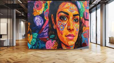 Vibrant mural depicting Hispanic cultural icons, street art style, urban setting, celebrating Hispanic Heritage Month, Hispanic culture, urban pride  Wall mural