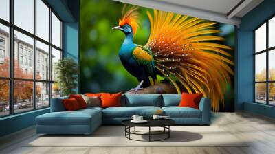 a colorful bird with a long tail sitting on a branch Wall mural