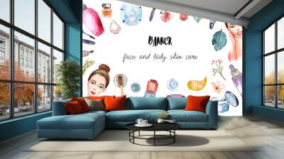 set of female accessories, skin care, girl young, elements spa, beauty salon, shop Wall mural