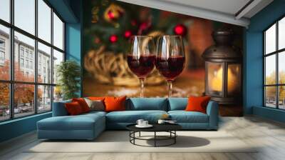 Two red wine glass on wooden loft table decorated christmas garland and lantern Wall mural