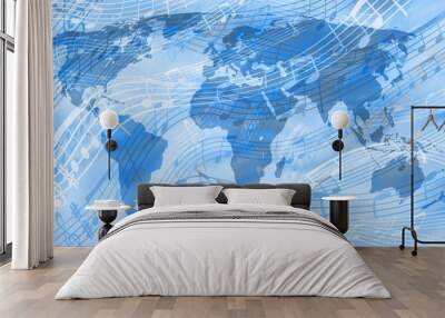 Abstract blue background on a musical theme with the image of the continents. World music. Wall mural