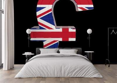 Currency symbol with national flag. UK Currency. 3d render isolated on black. Wall mural