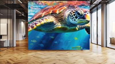 a green sea turtle in a beautiful blue ocean. turquoise water color. background wallpaper	 Wall mural