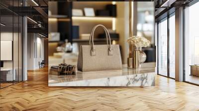 A luxury handbag and accessories displayed on a marble counter. Fashion handbag. Shopping lifestyle Wall mural