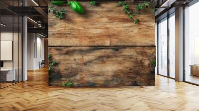 A wooden table with rustic texture and fresh herbs scattered around. wood background for food banner Wall mural