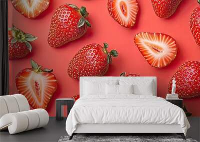 abstract strawberry vibrant pattern with fresh sliced strawberry banner design, diet, vegan, or healthy concept Wall mural