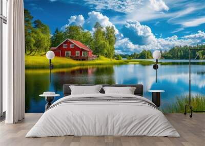 Beautiful landscape with a red house on the lake with water reflection and bright sky with clouds. Weekend house Wall mural