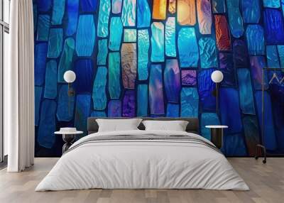 blue stained glass background. vibrant colored window design backdrop. interior design Wall mural