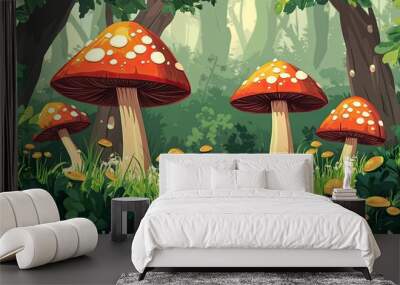 Cartoon mushroom forest background. cartoon nature background Wall mural