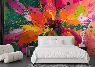 Celebrating holi festival. A vibrant, abstract explosion of tropical colors, with splashes of hot pink, vivid orange, and lime green. colorful background Wall mural