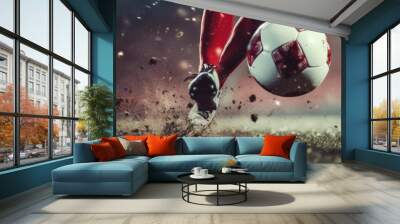 close up foot football player kicking football. Football banner.  Football Competition with green grass field.   Wall mural