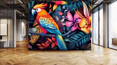 Colorful flower, leaf and parrot nature background. tropical pattern with jungle vegetation and exotic fauna in bright colors.  Wall mural