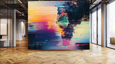 Colorful glitch art with distorted lines and digital artifacts. Wallpaper art Wall mural