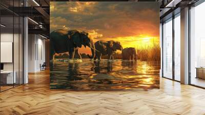 Elephant walking in the water at sunset. Elephant background. african wildlife. safari adventure Wall mural