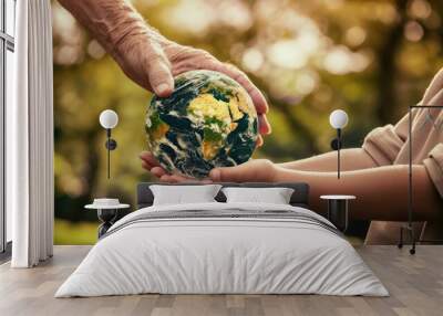 environmental protection and care of the planet. Old senior hands giving Earth globe to a young child. Earth Day environment concept. save world Wall mural