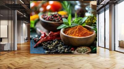 Food ingredients background. Herbs and spices on the table, ingredients for cooking food Wall mural