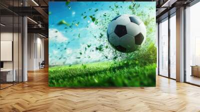 Football banner. Dynamic soccer field with vivid green grass and blurred motion of a kicking ball  Wall mural